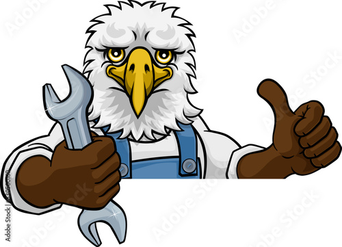 An eagle cartoon animal mascot plumber, mechanic or handyman builder construction maintenance contractor peeking around a sign holding a spanner or wrench and giving a thumbs up