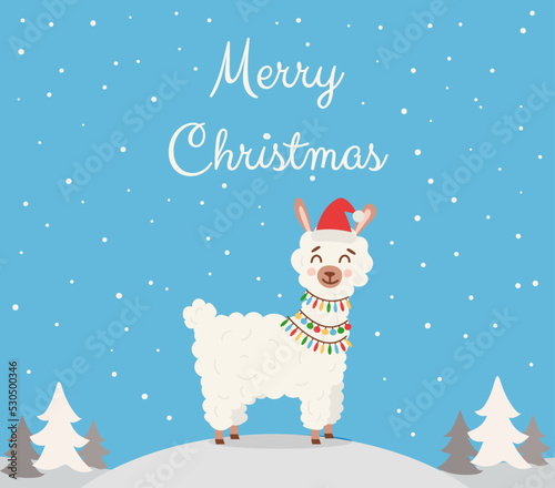 Christmas and New Year greeting card template design with alpaca and gift boxes and winter elements. Postcard, brochures, invitation template. Vector illustration.
