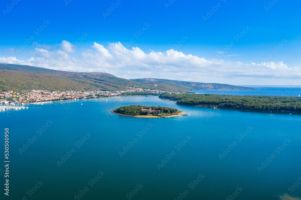 Island of Kosljun in Punat bay aerial view, Island of Krk, Croatia