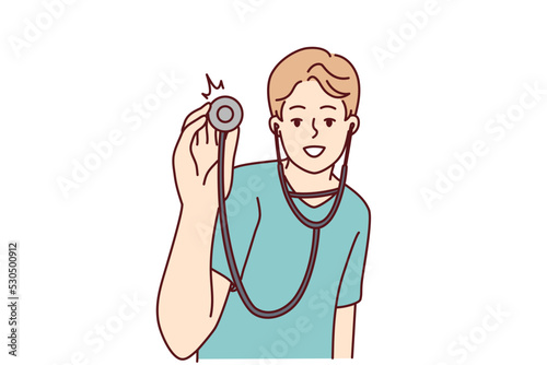 Smiling male doctor with stethoscope ready to examine patient in hospital. Happy man therapist or GP with phonendoscope. Vector illustration. 