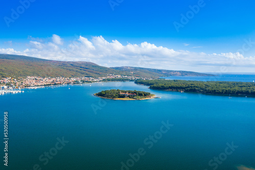 Island of Kosljun in Punat bay aerial view, Island of Krk, Croatia