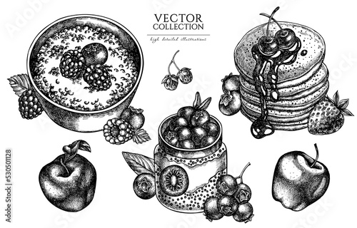 Breakfast vintage illustrations collection. Hand drawn logo designs with pancakes, porridge with berries, chia pudding, raspberry, blueberry, strawberry, apples.