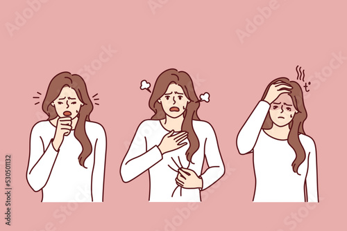 Unhealthy woman suffer from covid-19 symptoms. Unwell girl struggle from coronavirus have cough and shortness of breath. Vector illustration. 