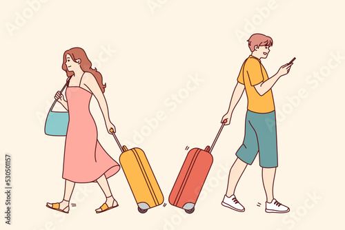 People with suitcases ready to travel in airport. Smiling tourist with baggage before vacation. Tourism and holidays. Vector illustration. 