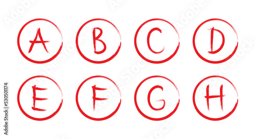 Letters in circles. Handwriting red markers. Icons with a, b, c, d, e, f, g, h. set for grade, school, college and education. Sketch for teacher, exam or test. Hand drawn symbols. Vector