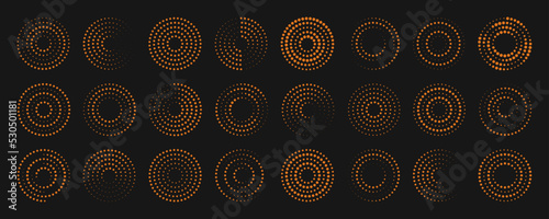 Dot circle pattern. Orange round halftone dot patterns. Spiral halftones frame. Set of swirl abstract ripple elements. Circular graphic textures isolated on black background. Vector