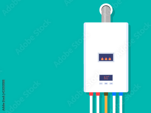 Gas boiler with burner. Water heater. Home furnace isolated on green background. System of combi heating. White smart gas boiler for heat water with hot and cold pipe, gas and control. Vector