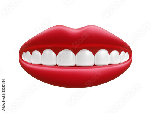Realistic mouth with red lips and white teeth isolated on white background. Vector illustration