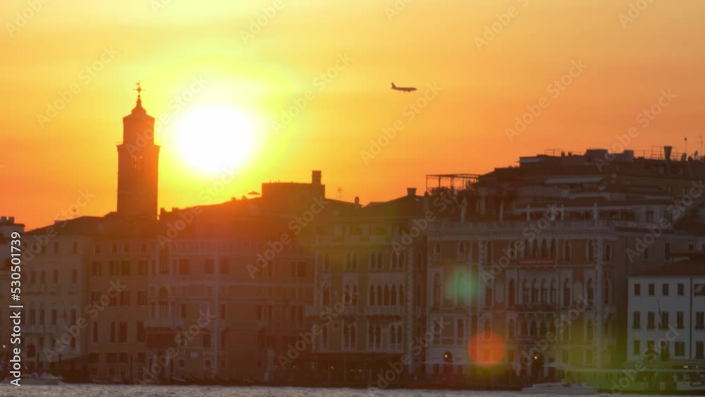 Venice Italy Landscape with Aircraft and Boats at Sunset from Grand Canal Venice Italy Landscape with Aircraft and Boats at Sunset from Grand Canal
