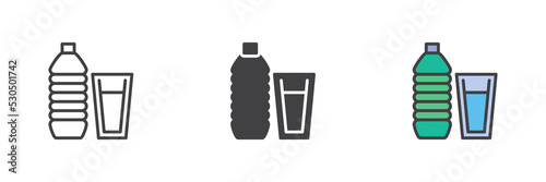 Water bottle and glass different style icon set