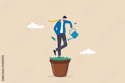 Personal development, self improvement or career growth, coaching or training to success, motivation to growing, develop skill or attitude concept, confidence businessman watering self on plant pot. photo