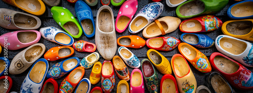 Konstfotografi Set of different colorful vintage Dutch wooden clogs