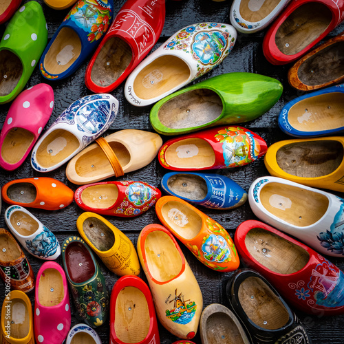 Clogs for sale at a Dutch retail shop. Wooden shoes are a well know traditional souvenir from Holland