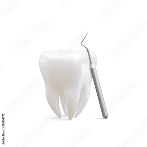 Realistic tooth and dental probe for teeth isolated on white background. Medical dentist tool. Dentistry  healthcare  hygiene Concept. Vector illustration