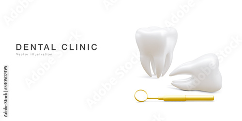 Realistic tooth and dental mirror for teeth isolated on white background. Medical dentist tool. Dentistry, healthcare, hygiene Concept. Vector illustration
