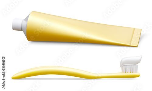 Realistic tube mockup toothpaste and toothbrush. Template for medicine or cosmetics. Vector illustration