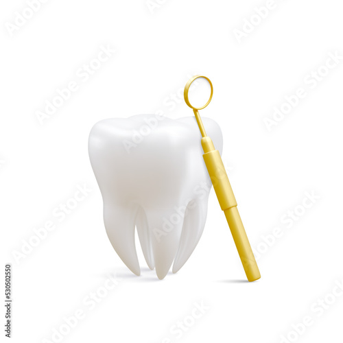 Realistic tooth and dental mirror for teeth isolated on white background. Medical dentist tool. Dentistry, healthcare, hygiene Concept. Vector illustration