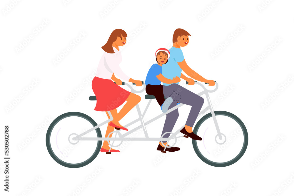 Happy family on tandem bicycle have a bike ride Happy family on tandem bicycle have a bike ride