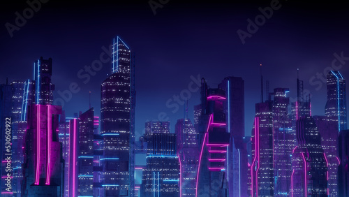 Futuristic Cityscape with Blue and Pink Neon lights. Night scene with Advanced Skyscrapers. photo