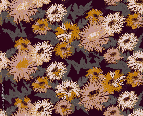 Floral cozy seamless pattern of autumn flowers in warm earth tones. For design, package, textile, fabric, wallpaper, bedding, autumn winter clothes collections.