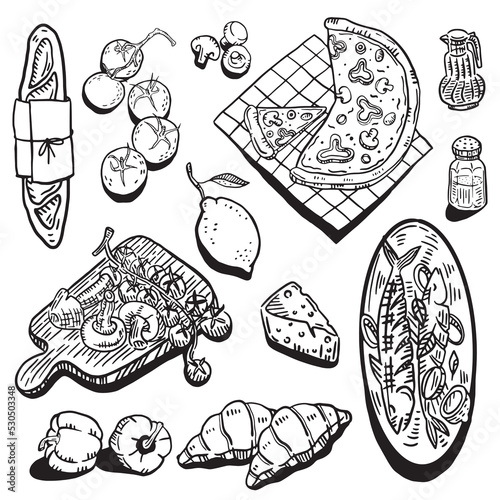 Hand drawn ink Set of traditional dishes and products of Italian cuisine. Ink hand drawn restaurant illustration. Food elements