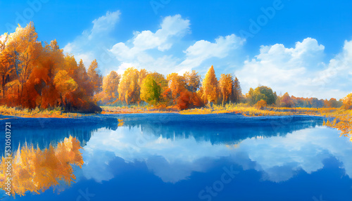 Golden autumn in the forest by the lake and blue cloud sky
