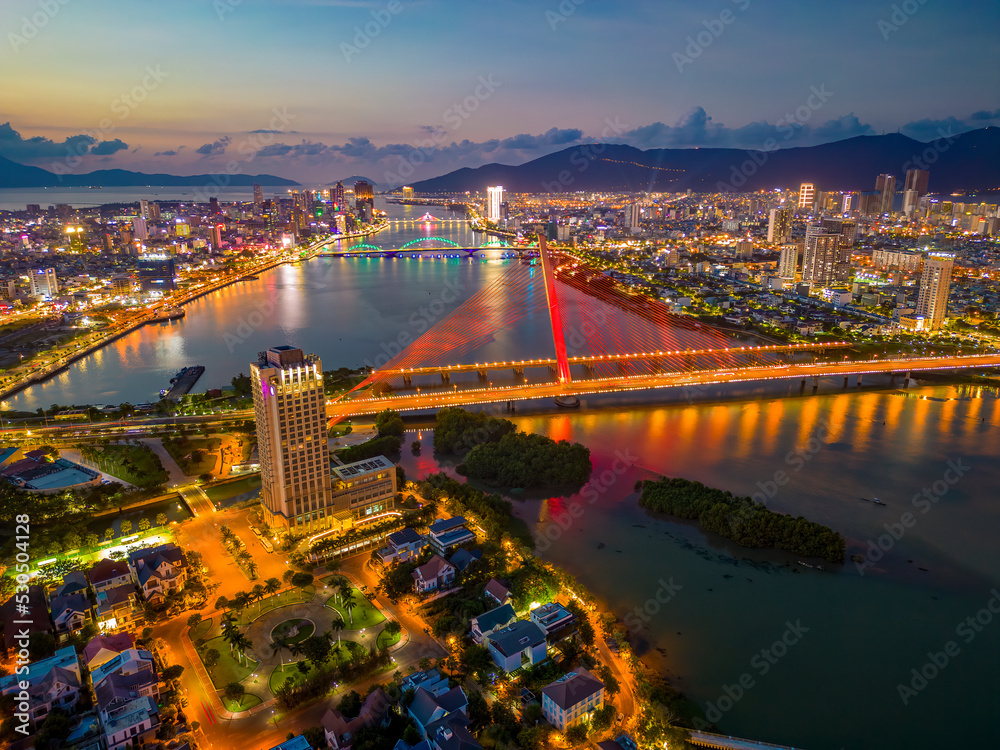 Aerial view of Da Nang Tran Thi Ly Bridge which is a symbol of the city.