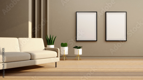 3D Stylish Living Room Interior Of Modern Apartment With White Sofa With Flowers And Double Wall Frame. Home Decor.
