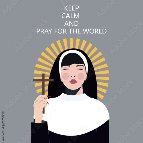 Nun. Female portrait. Religion. Christian. Calm and pacification. Vector illustration