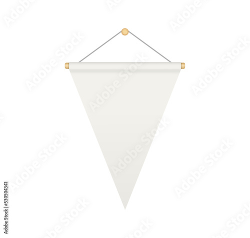 Empty white triangular bunting pennant. Hanging realistic pennant or flag with rope. Bunting flag mock up. Blank realistic template. Vector illustration isolated on white background.