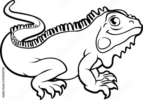 An iguana lizard cartoon character outline coloring illustration
