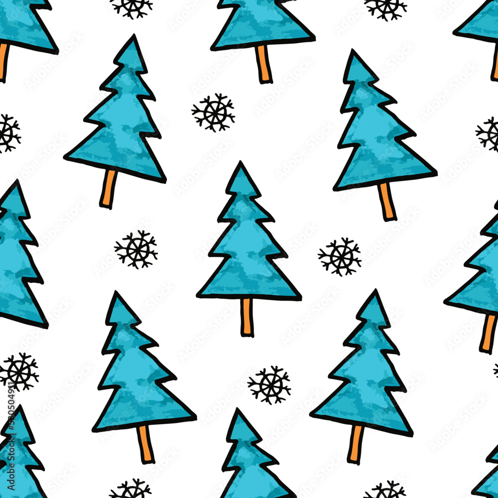 Cut Christmas seamless pattern with blue fir trees and snowflakes. Xmas simple texture. Christmas pattern. Christmas trees. Wrapping paper.