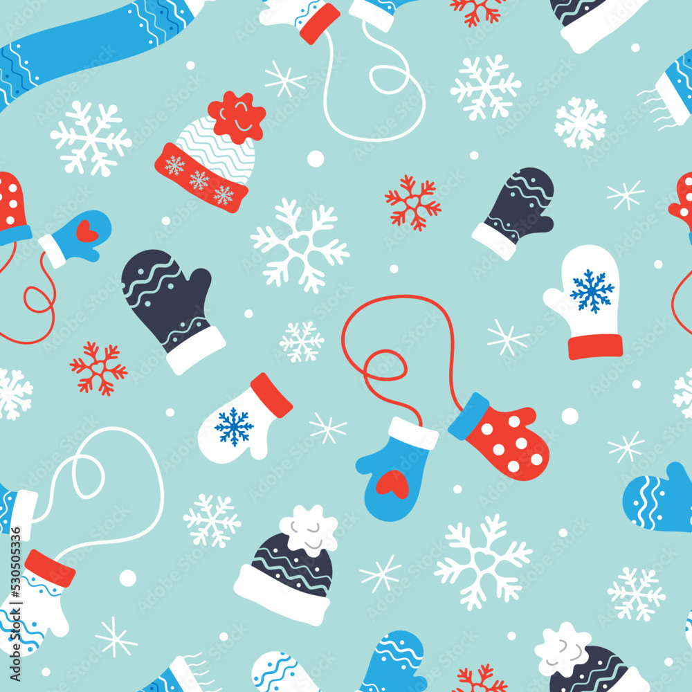 Cozy New year and Christmas seamless Pattern. Gift wrapping paper. Winter clothing Accessories, vector illustration. Concept of winter holiday.
