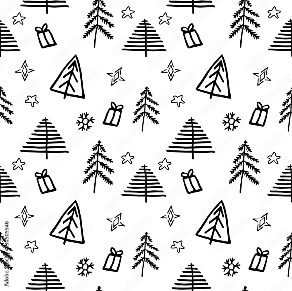 Hand drawn Christmas tree background. Doodle ink seamless pattern for New Year Hand drawn Christmas tree background. Doodle ink seamless pattern for New Year
