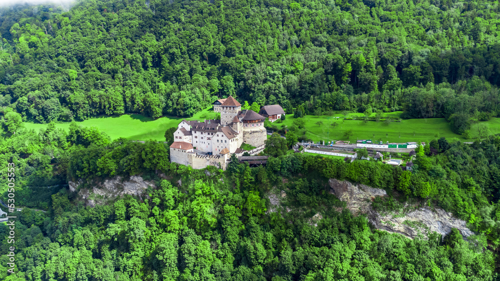 Naklejka premium Liechtenstein capital Vaduz aerial view from the drone - HD wallpaper - Vaduz Castle - Schloss Vaduz