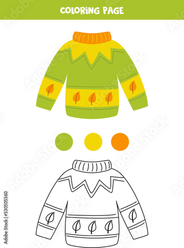 Color green autumn sweater. Worksheet for kids.