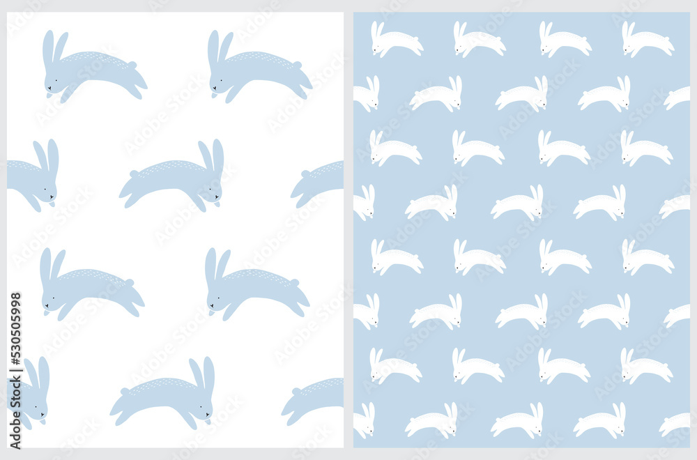 Naklejka premium Seamless Vector Pattern with Jumping Bunnies. Cute Rabbits Isolated on a White and Pastel Blue Background. Easter Repeatable Print. Woodland Party Art ideal for Fabric, Textile. Winter Bunny.