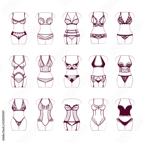 lingerie. female lingerie fashioned bikini and bra. Vector monochrome illustrations