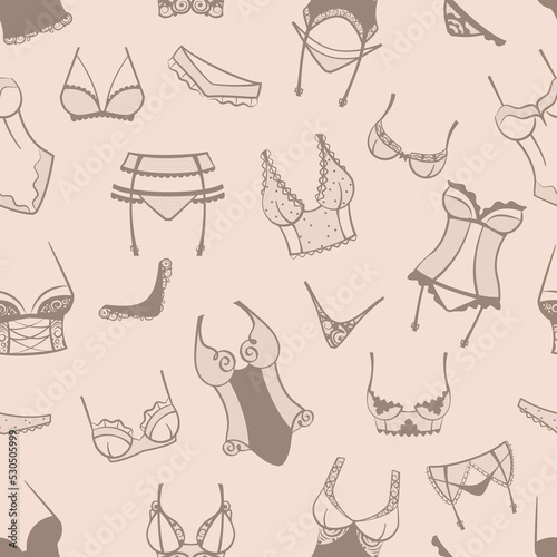 lingerie pattern. female bra and bikini fashiioned lingerie collection. Vector seamless background