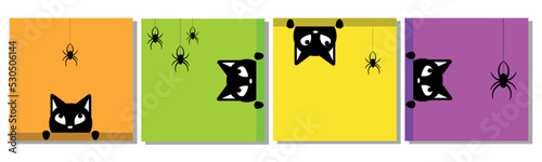 The black cat looks after the spider. Set of cute cats. Vector graphics
