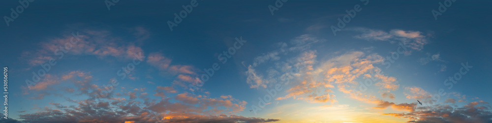 Dark blue sunset sky panorama with pink Cumulus clouds. Seamless hdr 360 pano in spherical equirectangular format. Full zenith for 3D visualization, game, sky replacement for aerial drone panoramas Dark blue sunset sky panorama with pink Cumulus clouds. Seamless hdr 360 pano in spherical equirectangular format. Full zenith for 3D visualization, game, sky replacement for aerial drone panoramas
