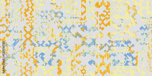 Seamless pattern in patchwork style. Embroidered print for carpet, textile, wallpaper, wrapping paper. Ethnic and tribal motifs. Handwork. Vector illustration.