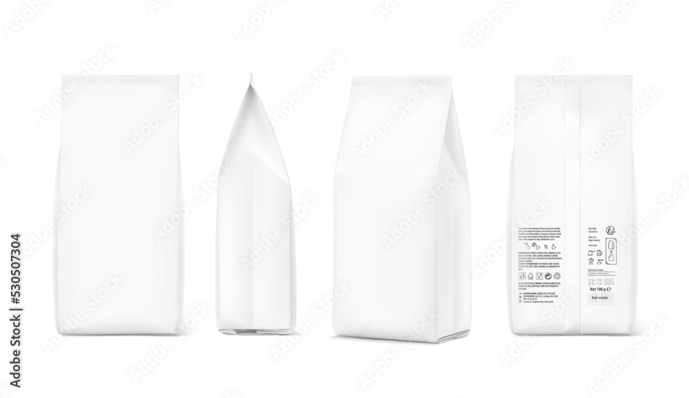 Coffee bag mockup. Front, side and back view. Vector illustration isolated on white background. Can be use for your design, presentation, promo, ad. EPS10. Coffee bag mockup. Front, side and back view. Vector illustration isolated on white background. Can be use for your design, presentation, promo, ad. EPS10.