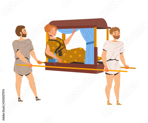 Ancient Roman Woman Noble Character on Litter Carried by Man Plebeian Vector Illustration