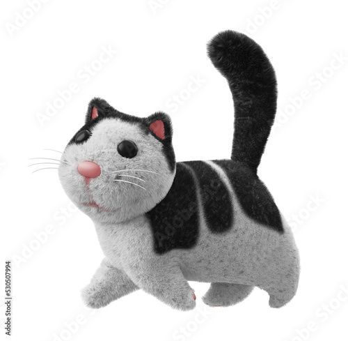 Fat fluffy toy cat is walking on white transparent background. A cat with black and white spots, black eyes and a pink nose. 3d render illustration.	
