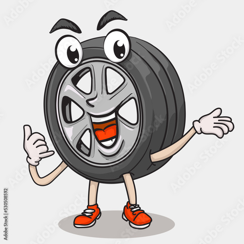 smile face tyre character make calling symbol hand. tire repair shop customer service concept. funky tire mascot icon illustration
