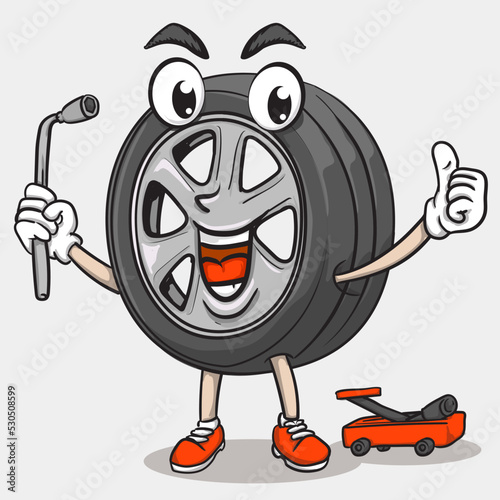 smile face tyre character holding tire lock and thumbs up . funky tire mascot icon illustration