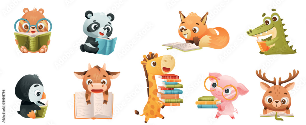 Cute Animals Reading Book in Hard Cover Enjoying Interesting Story Vector Set