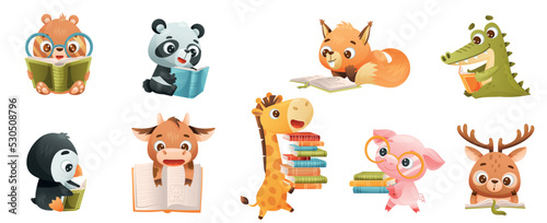 Fototapeta Naklejka Na Ścianę i Meble -  Cute Animals Reading Book in Hard Cover Enjoying Interesting Story Vector Set