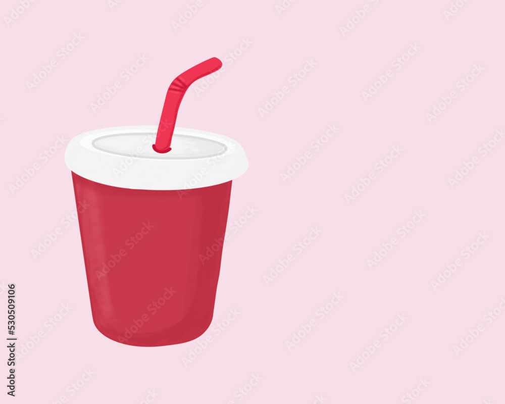 A glass with a lid and a straw, disposable drinkware, on a pink background, a drawing for a menu, advertising, price tag A glass with a lid and a straw, disposable drinkware, on a pink background, a drawing for a menu, advertising, price tag